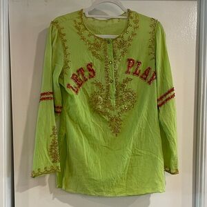 Vintage Bright Green Linen with Beaded Embroidery Long Sleeve Top Sz Smal